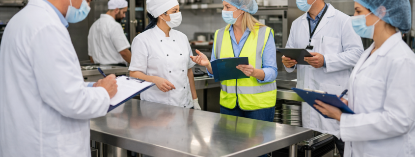 Auditoría en cocina industrial con mesas de acero inoxidable cumpliendo normas de sanidad en México