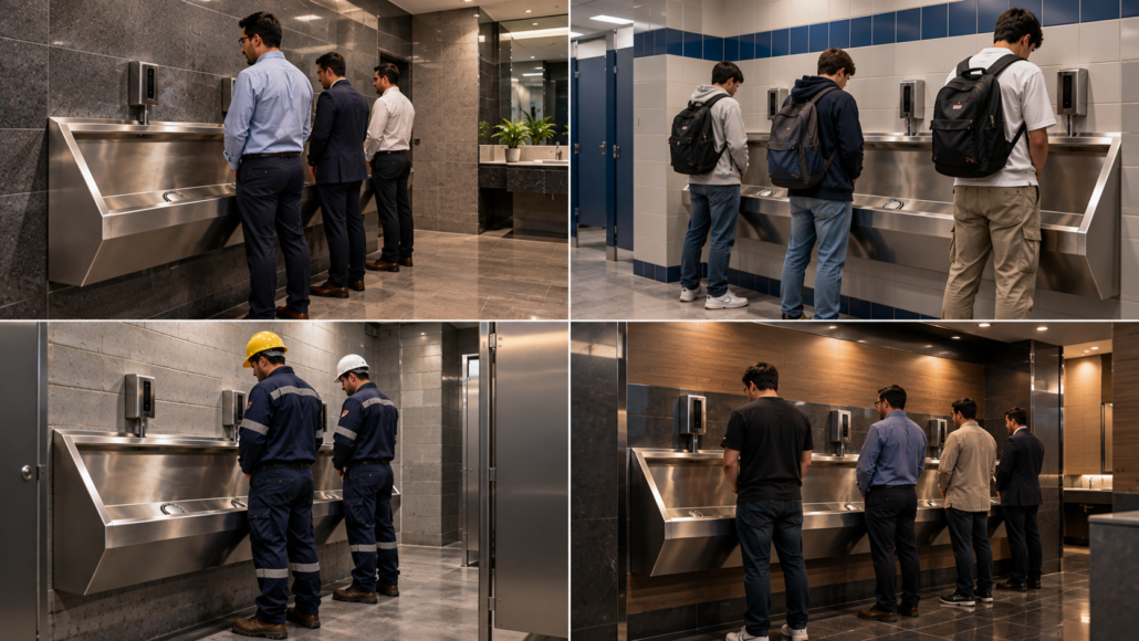 Cuatro-ambientes-un-mismo-urinario-de-acero-1030x580 ¿Por qué elegir mingitorios en acero inoxidable para baños de alto tráfico?
